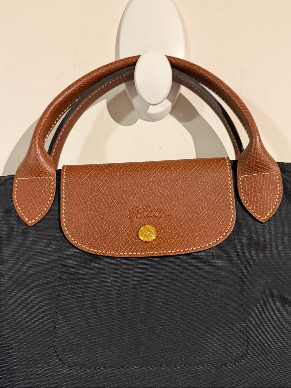 Longchamp Le Pliage Black Nylon with Brown Leather Trim - large Travel Tote - Picture 2 of 7